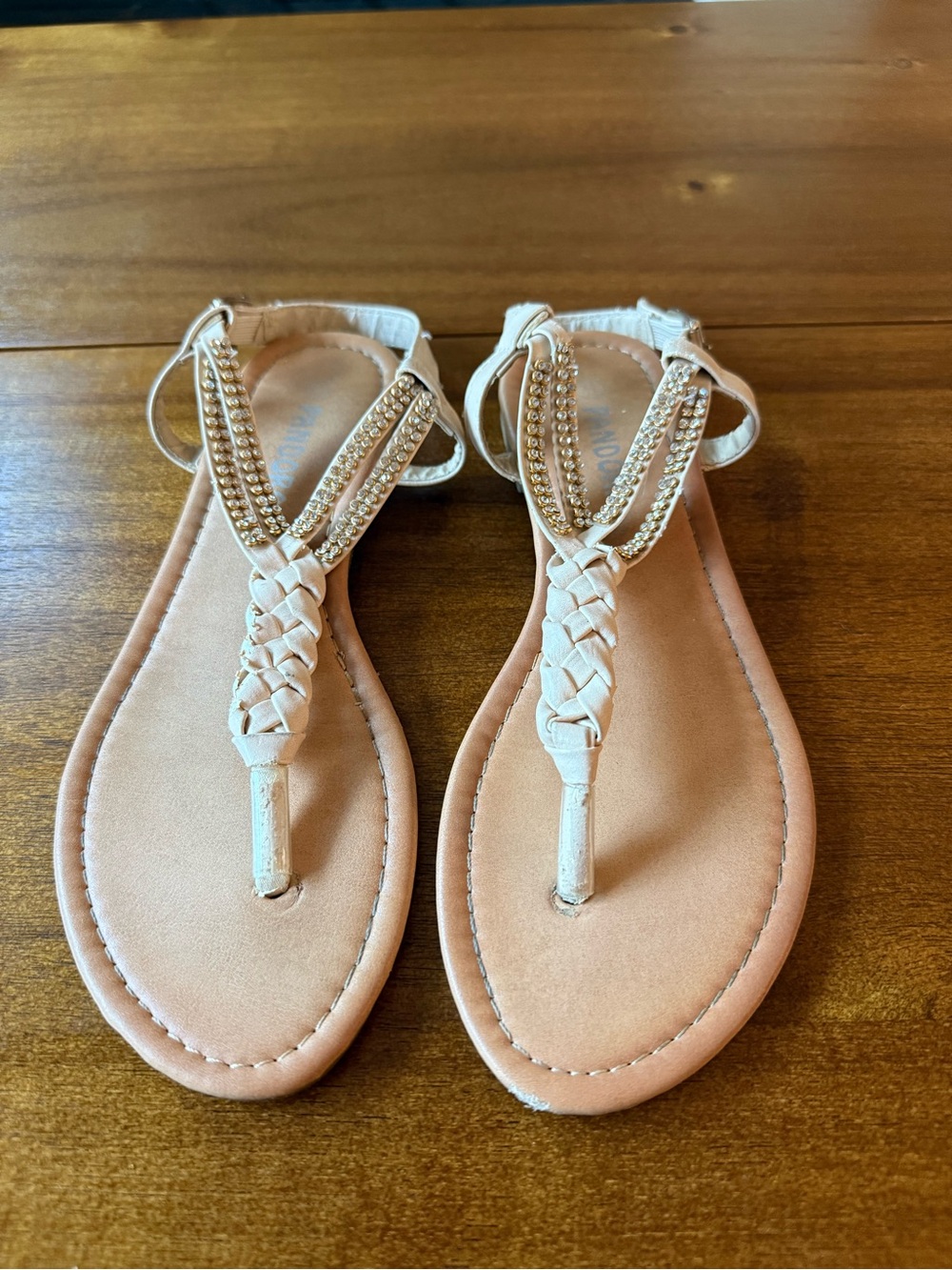 Pandora Blush Pink Braided T-Strap Sandals with Rhinestone Accents